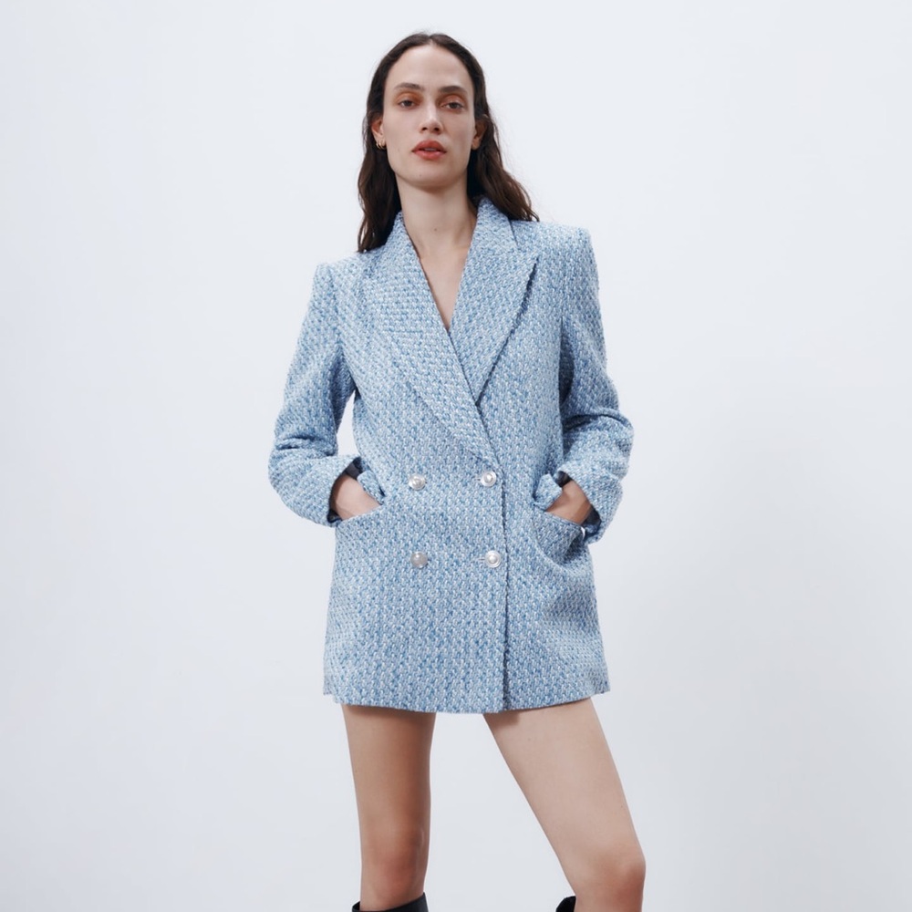 Zara Light Blue Textured Double-Breasted Blazer
